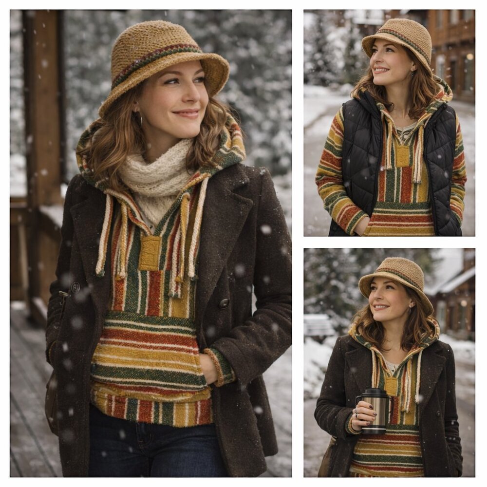 🌵Artisan Woven Baja Hoodie – Gold, Olive & Red Serape Pullover | L